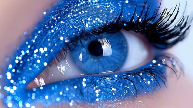 A close up of a blue eye with glitter on it