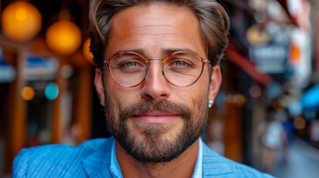 A man with glasses and a beard is looking at the camera