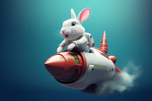 Rabbit riding on rocket. Adorable animal. Generate Ai