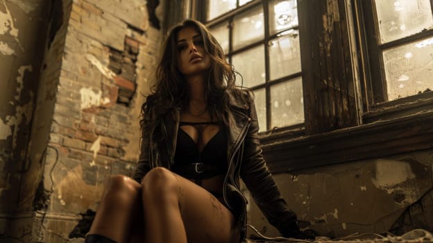 A woman in a black leather jacket sitting on the floor