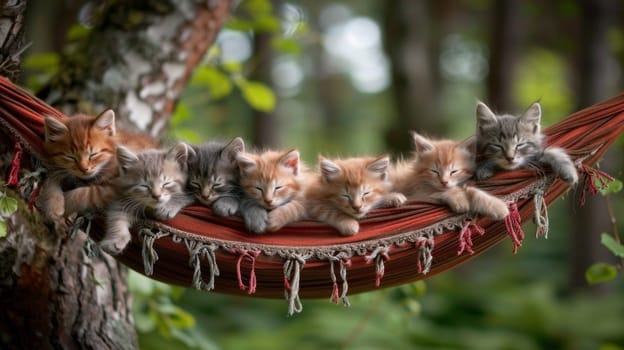 A group of kittens are sleeping in a hammock together