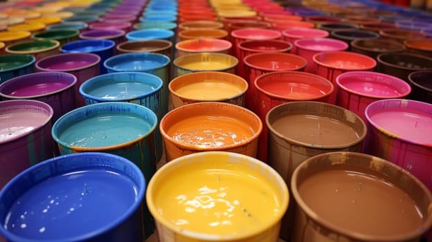 A large number of different colored paint buckets sitting on a table