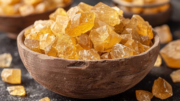 A bowl filled with yellow crystals and a pile of them on the table