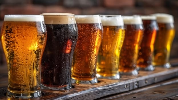 A row of glasses filled with different types and colors of beer