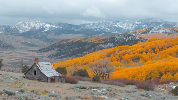 A small cabin in the mountains with orange trees and snow capped mountain