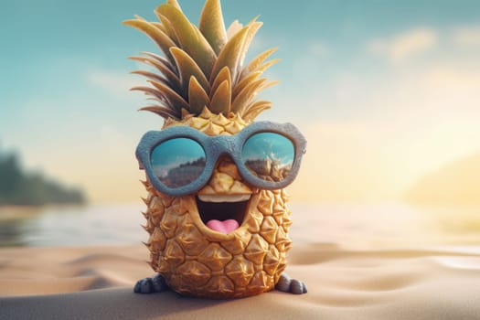 Happy pineapple character on beach. Creative tropical fresh. Generate Ai