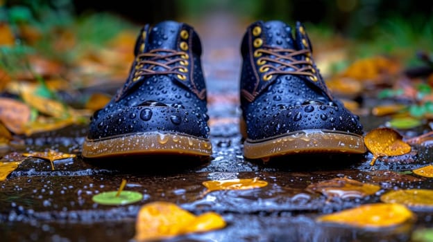 A pair of a boot is sitting in the rain on leaves