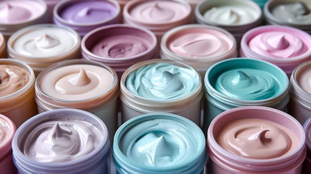 A close up of a bunch of different colored creams and lotions