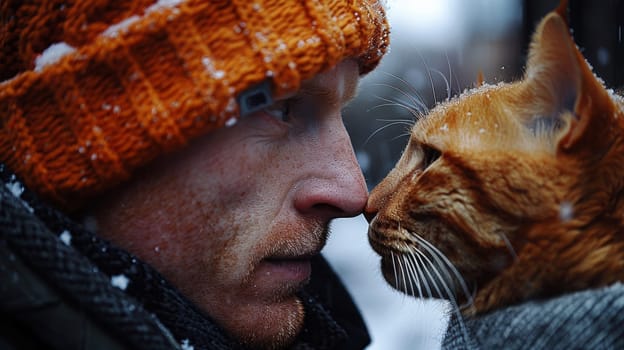 A man and cat in the snow with a close up of their faces
