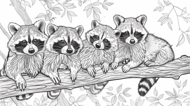Four raccoons sitting on a branch coloring page