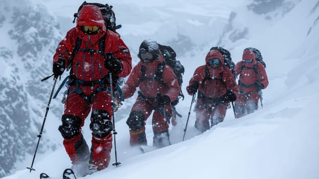 A group of people in red snow suits skiing down a mountain