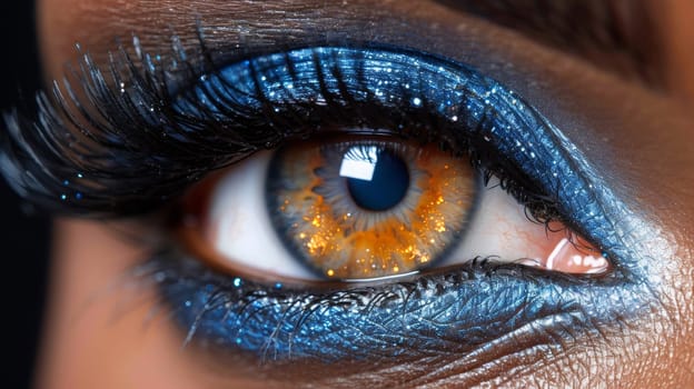 A close up of a woman's eye with blue and orange makeup