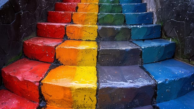 A set of stairs painted in rainbow colors with a stone wall behind