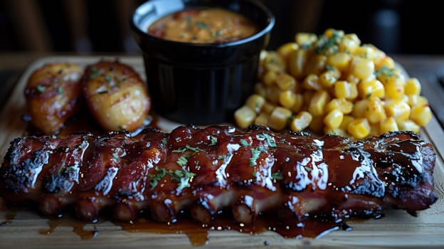 A close up of a plate with ribs, potatoes and sauce