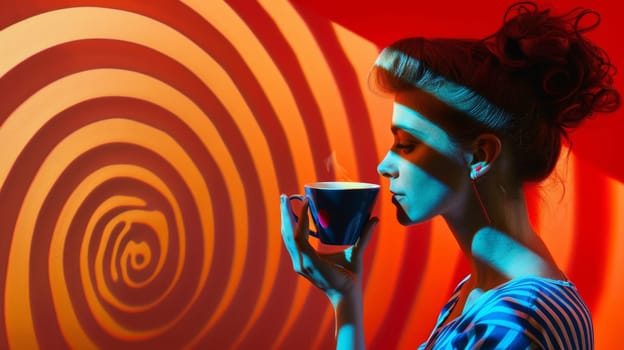 A woman holding a cup of coffee in front of her face