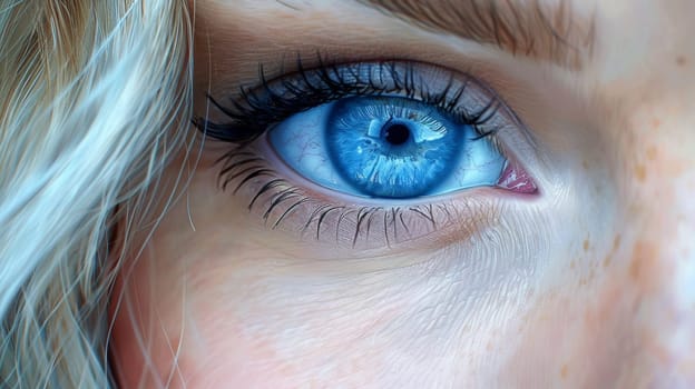 A close up of a woman's blue eye with long blonde hair