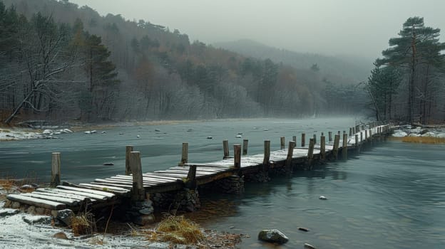 A long wooden bridge over a river in the middle of winter