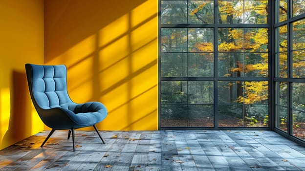 A blue chair sitting in front of a window with yellow walls