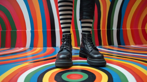 A person wearing black boots and striped socks standing on a colorful floor