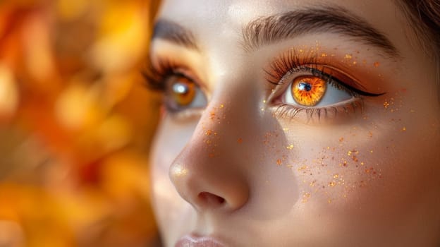 A close up of a woman with orange and gold makeup