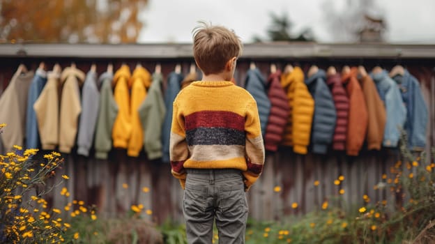 A young boy standing in front of a row of clothes