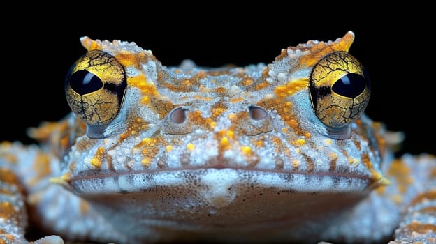 A close up of a frog with big eyes and yellow spots