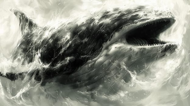 A black and white painting of a whale with its mouth open