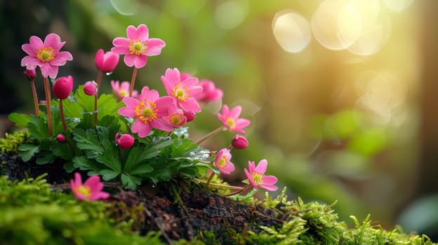 A bunch of pink flowers are growing on a moss covered rock