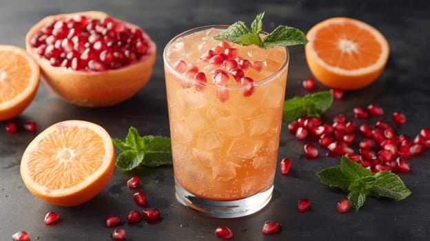 A glass of orange juice with a slice and some pomegranate