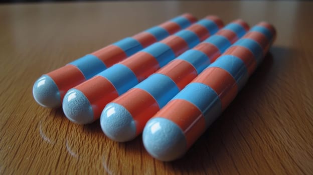 A group of four blue and orange striped toothpicks on a table