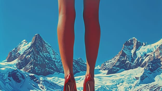 A woman in red heels standing on a mountain with snow