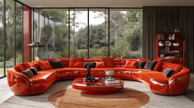 A large orange couch sitting in a living room next to some windows