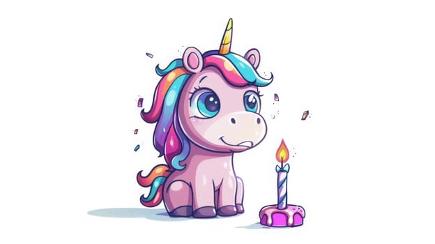A cartoon unicorn with a candle in front of it