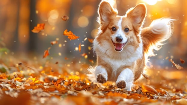 A dog running through a field of leaves with autumn colors