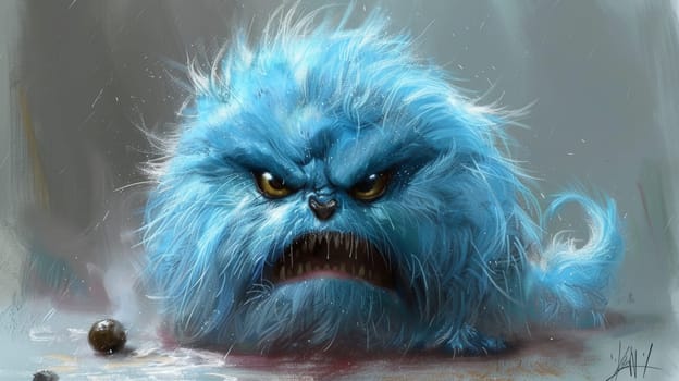 A blue furry creature with a big angry face and claws