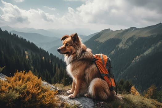 Dog traveler with backpack. Travel adventure. Generate Ai