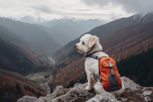 Dog traveler with backpack trip. Holiday cute fun. Generate Ai