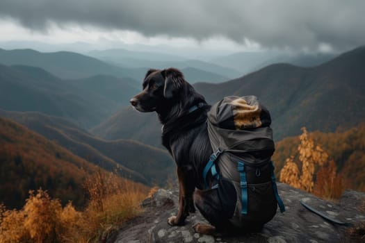 Dog traveler with travel backpack. Freedom camping. Generate Ai