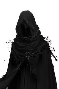 The sculpture depicts the Grim Reaper in a black cape and hood, showcasing intricate sleeve details. This monochrome artwork is a haunting monument in fashion design