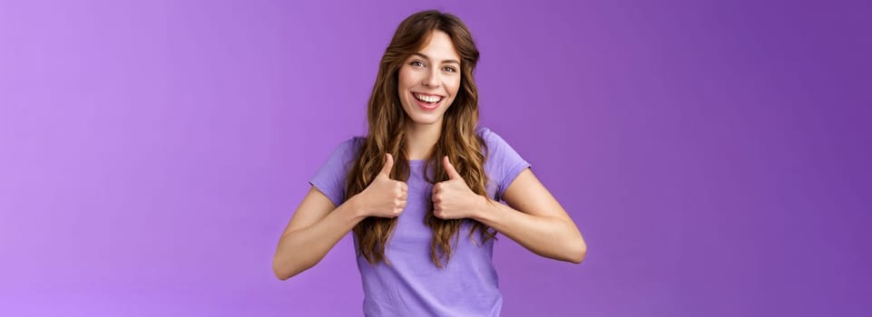 Good idea lets do it. Cheerful upbeat feminine girl recommend good skincare product professional stylish like new hairstyle show thumbs up sign agree approving nice job encourage well done.