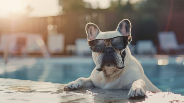 A dog wearing sunglasses and Floating in the Pool, summer season, summer background.
