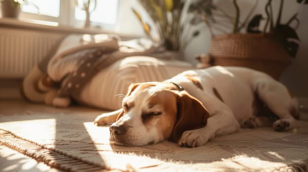 a dog lying down in sunny living room picture, Relaxing on the floor, realistic wallpaper.