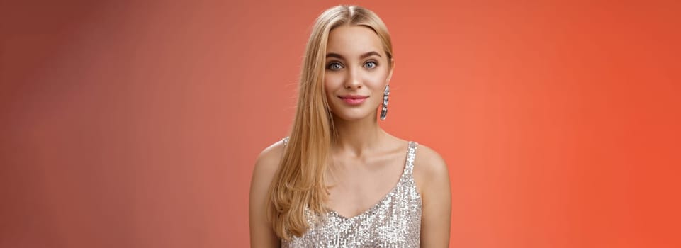 Lifestyle. Waist-up friendly charming elegant blond girl long hairstyle in silver stylish dress smiling amused listening story chatting boyfriend eating-out romantic date have interesting conversation.
