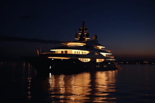 Superyacht at water night. Mega sea port. Generate Ai