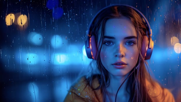 a pensive young woman wearing headphones illuminated by blue neon lights, with the raindrops on the window adding a reflective - Generative AI