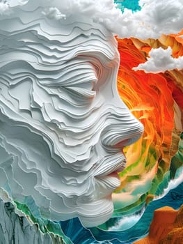 A closeup watercolor painting depicting a face with mountains in the background. The artwork showcases a stunning visual arts landscape with geological patterns