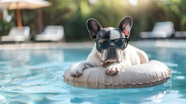 A dog wearing sunglasses and Floating in the Pool, summer season, summer background.