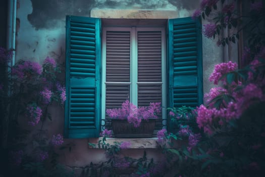 Window with blue shutters. Wooden paint wall. Generate AI