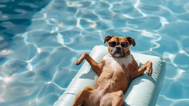 A dog wearing sunglasses and Floating in the Pool, summer season, summer background.