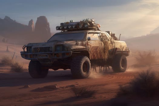 Apocalyptic car desert fantasy. Automobile travel. Generate Ai